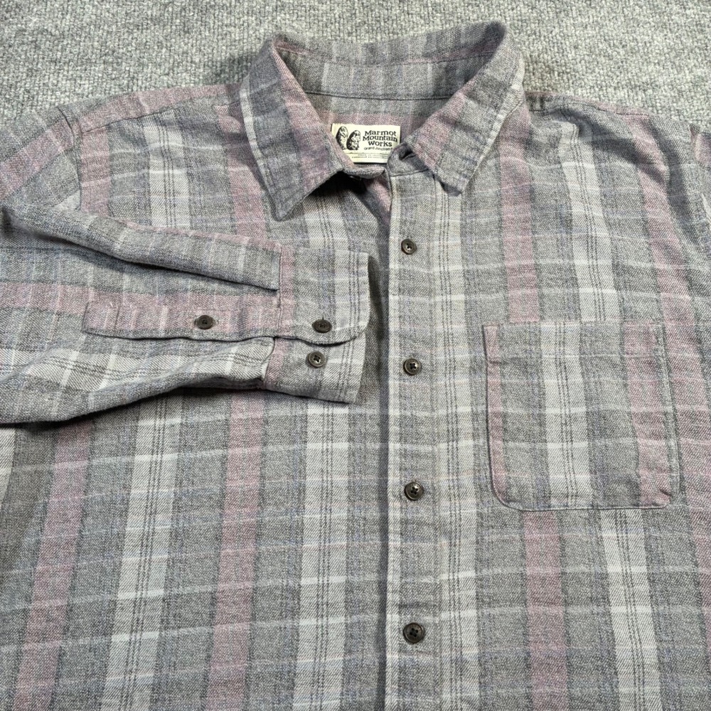Marmot Mountain Works Flannel Shirt Mens L Gray Purple Plaid Long Sleeve